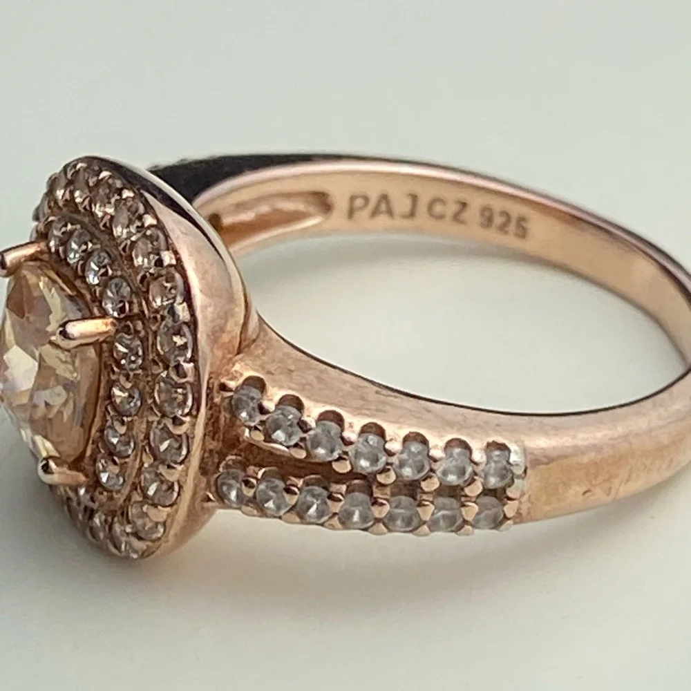 14K Rose Gold Plated Sterling Cushion Cut Champaign Cubic Zirconia Double Halo